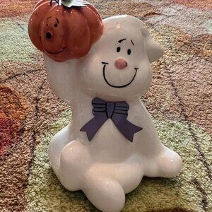 Whimsical Ceramic Ghost Holding Pumpkin Halloween Decor Figurine 3x4"